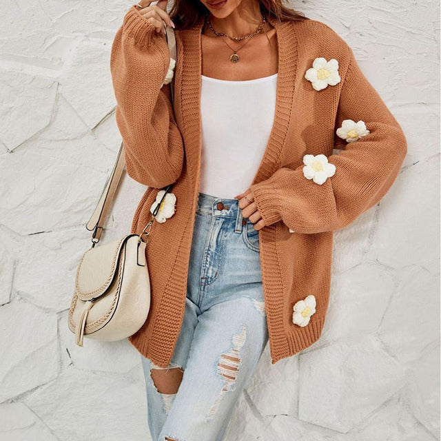 Stilla | Blomstret Strikket Cardigan Polyester Brun, Blomsterdetaljer, Komfortabel
