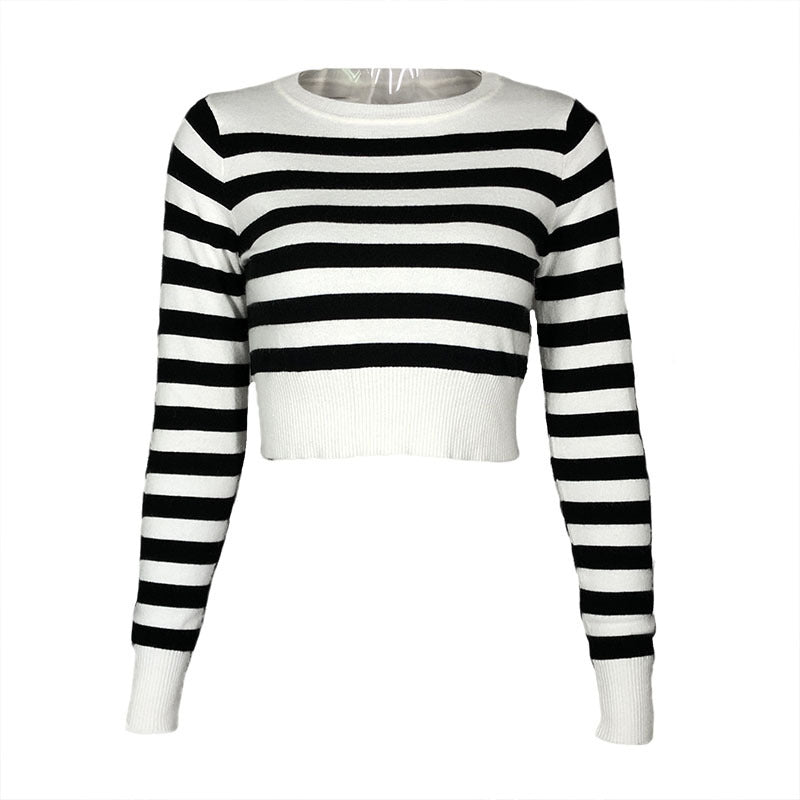 Dame Cropped Pullover med stribet design og elastisk afslutning Stilla