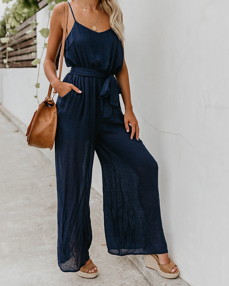 Dame elegant Jumpsuit med smalle stropper og sidelæns taljebælte Stilla