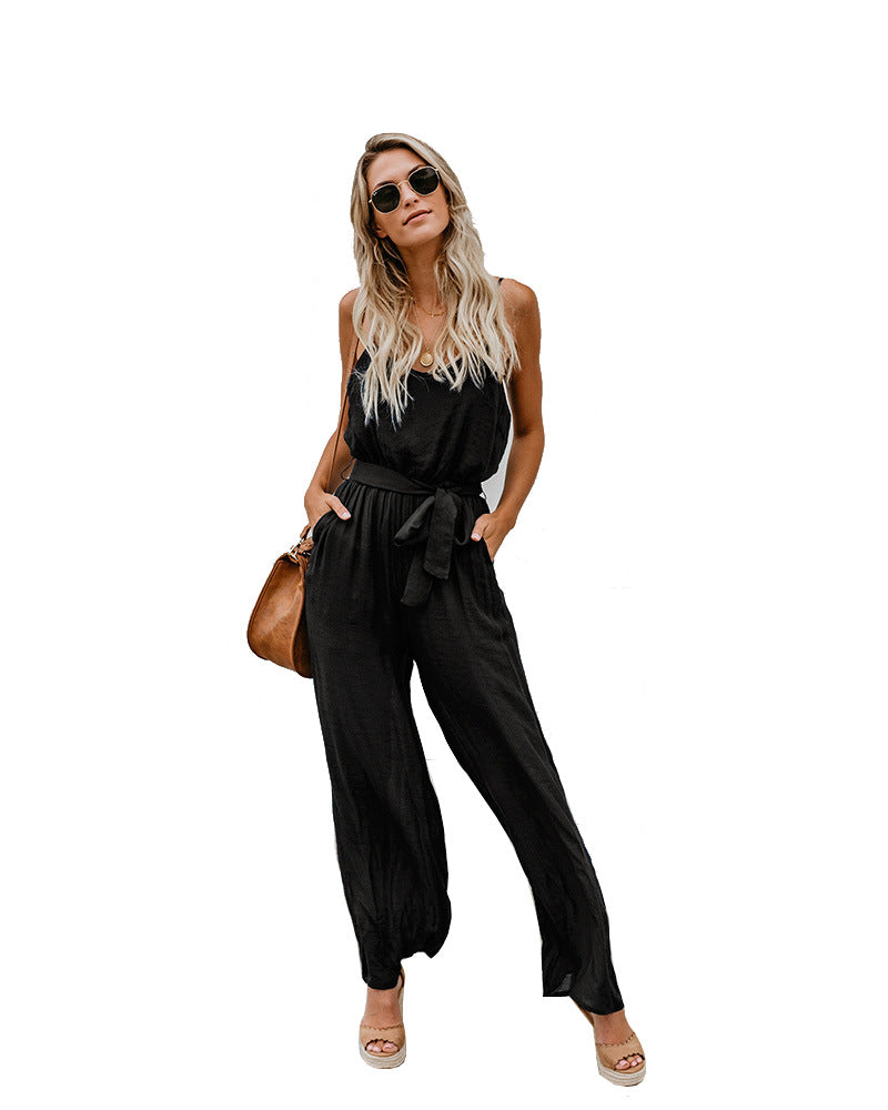 Dame elegant Jumpsuit med smalle stropper og sidelæns taljebælte Stilla