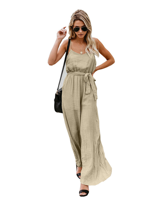 Dame elegant Jumpsuit med smalle stropper og sidelæns taljebælte Stilla