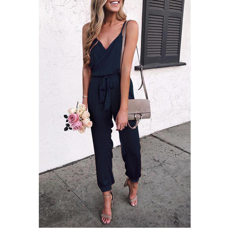 Dame Elegant Jumpsuit med taljering bælte og delikat V-hals Stilla