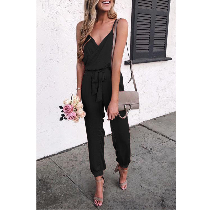 Dame Elegant Jumpsuit med taljering bælte og delikat V-hals Stilla