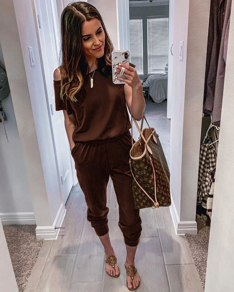 Dame afslappet overall med skulderfri design og elastisk talje Stilla