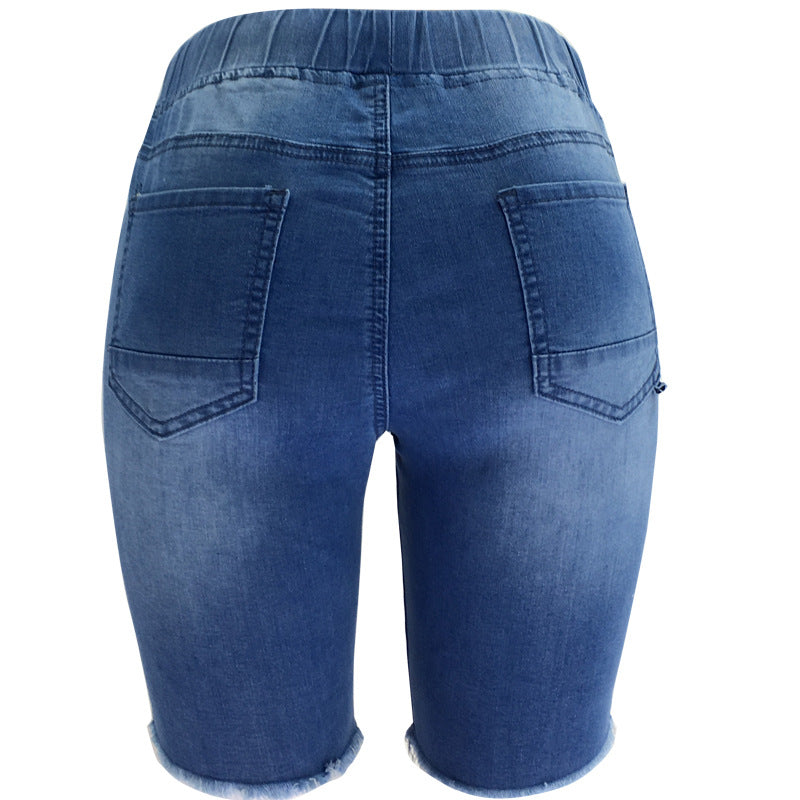 Dame afslappede denim shorts med elastisk talje og slidt look Stilla