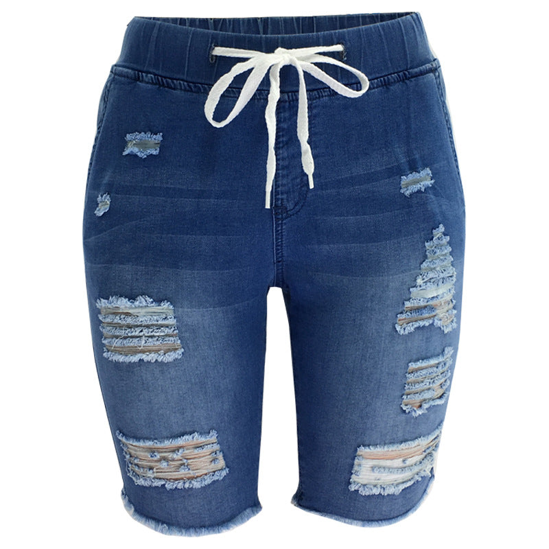 Dame afslappede denim shorts med elastisk talje og slidt look Stilla