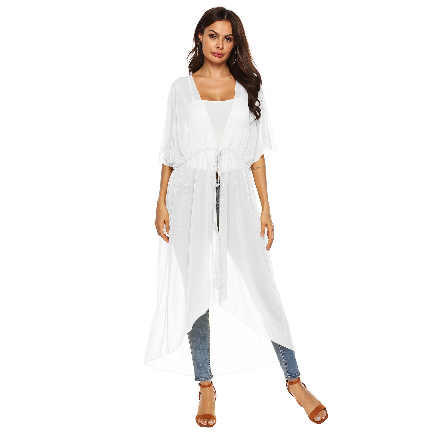 Dame elegant gennemsigtig strand kimono med justerbar talje snøring Stilla
