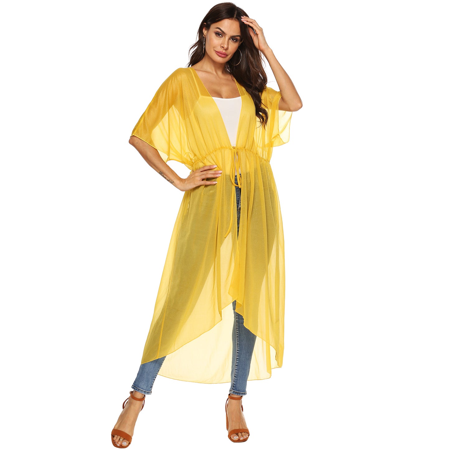 Dame elegant gennemsigtig strand kimono med justerbar talje snøring Stilla
