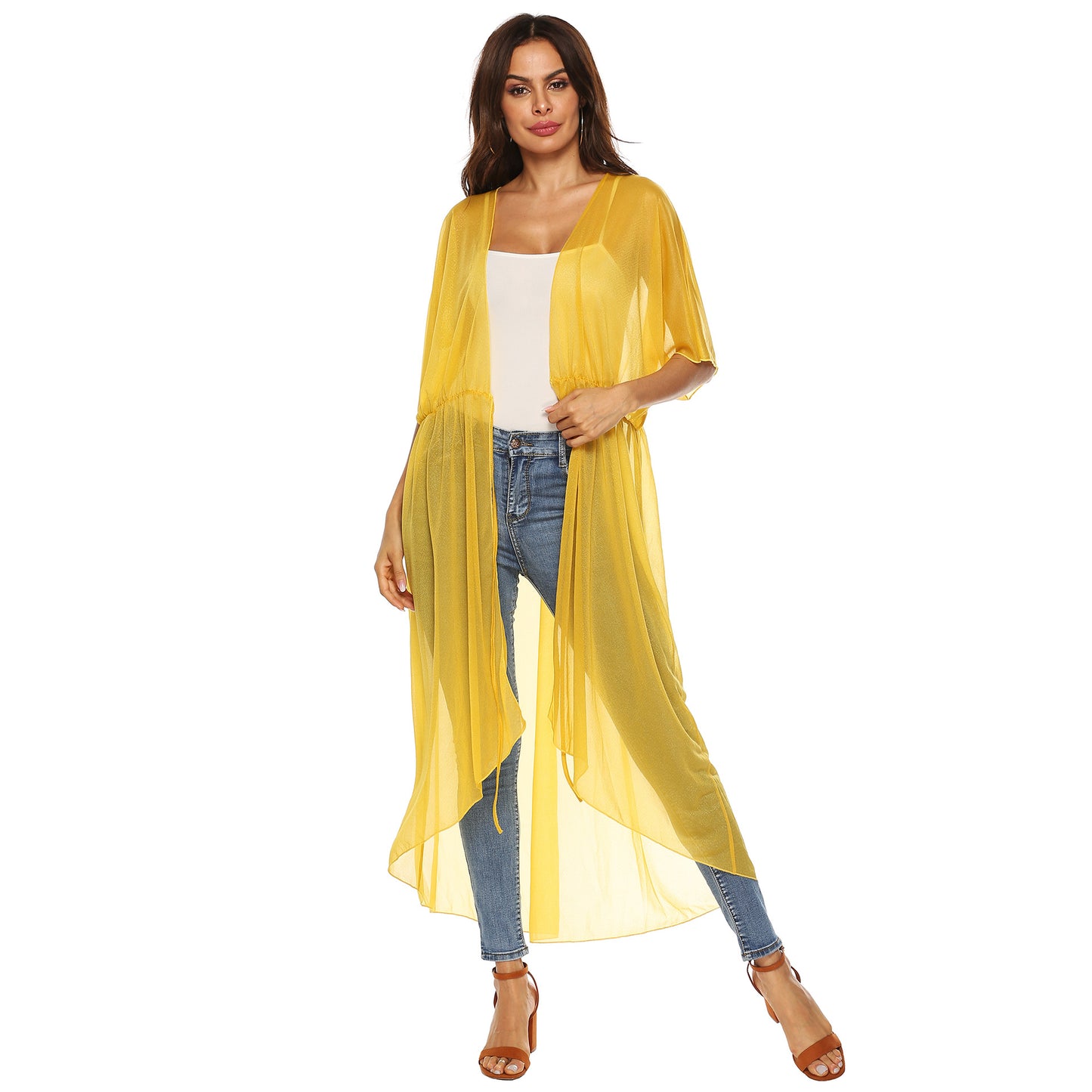 Dame elegant gennemsigtig strand kimono med justerbar talje snøring Stilla