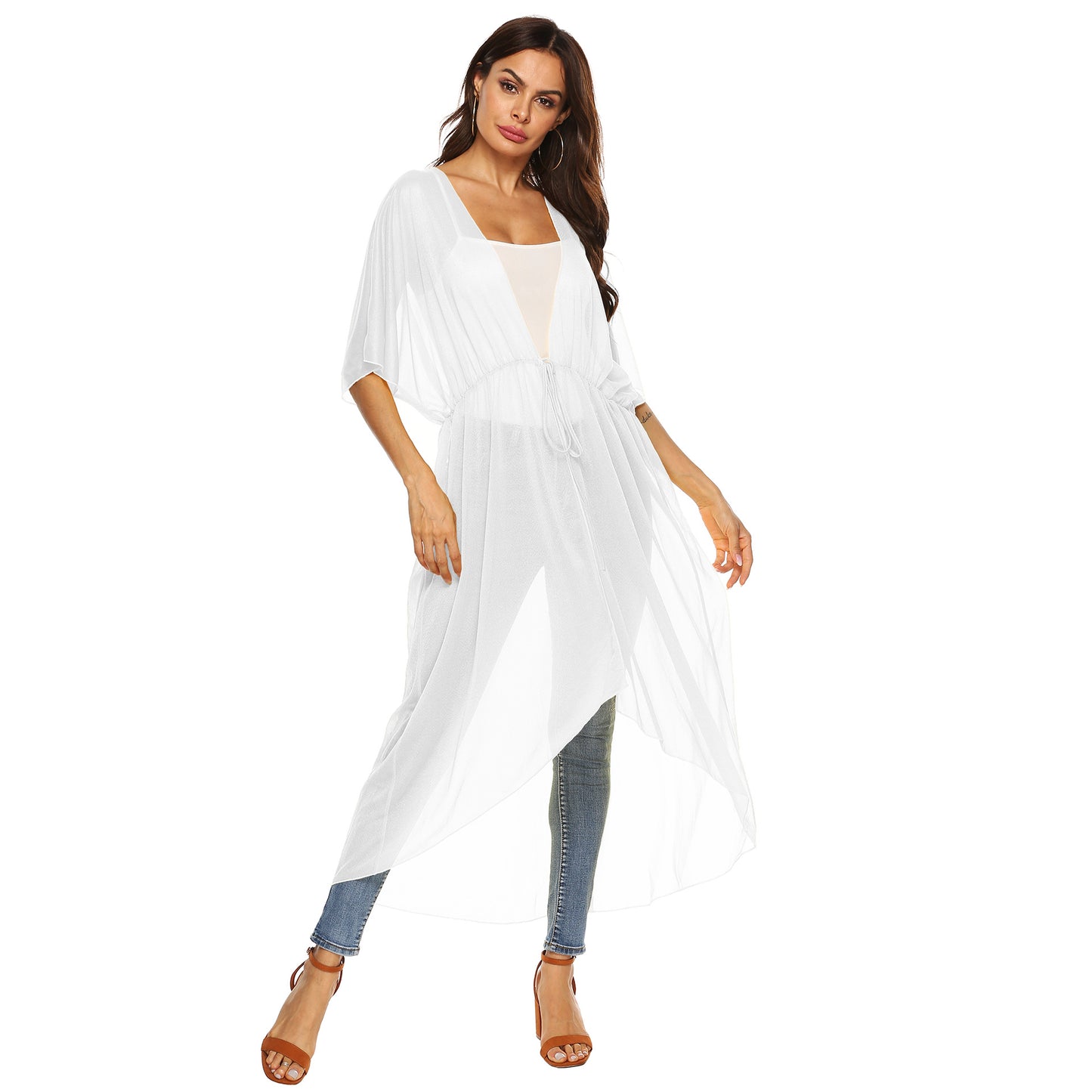 Dame elegant gennemsigtig strand kimono med justerbar talje snøring Stilla