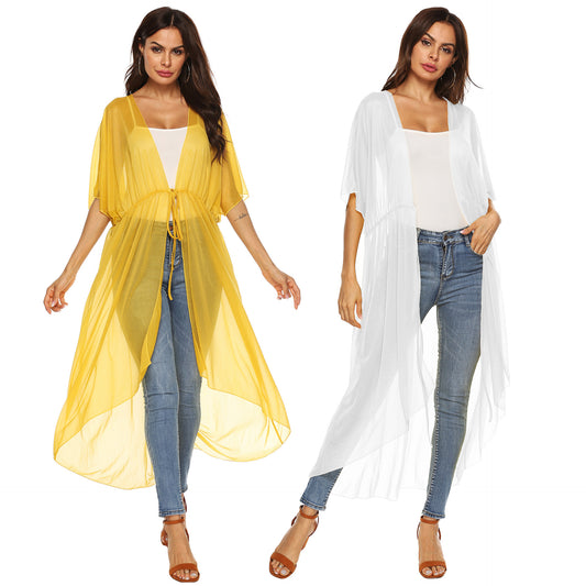 Dame elegant gennemsigtig strand kimono med justerbar talje snøring Stilla