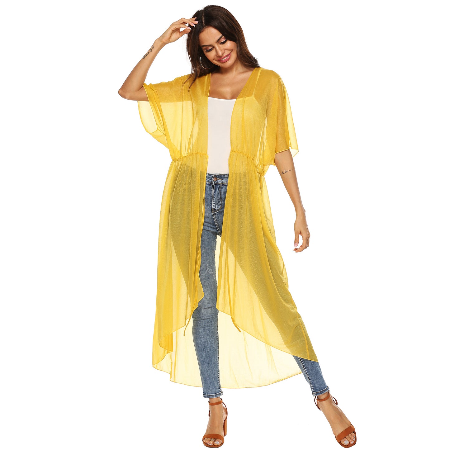 Dame elegant gennemsigtig strand kimono med justerbar talje snøring Stilla