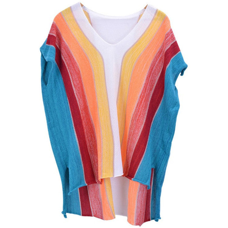 Dame afslappet strandoverdel med moderne stribemønster og dyb V-hals Stilla