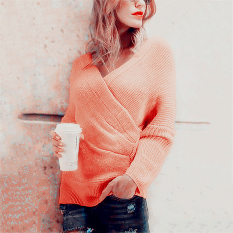 Dame afslappet omslagstrøje med V-udskæring og struktureret maskestil Stilla