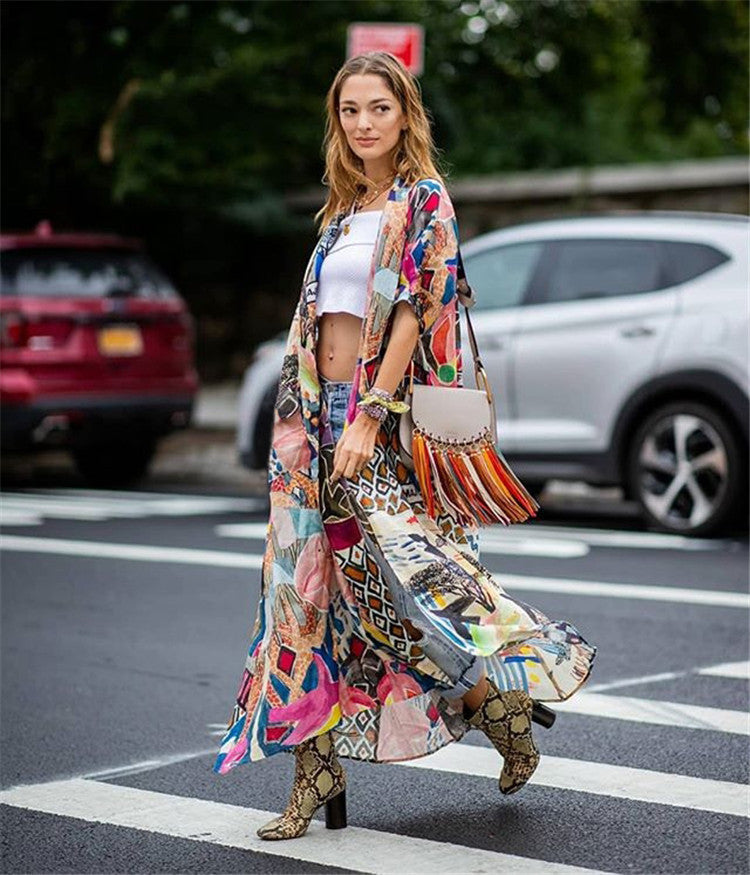 Dame afslappet maxikimono med farverigt patchwork-design Stilla