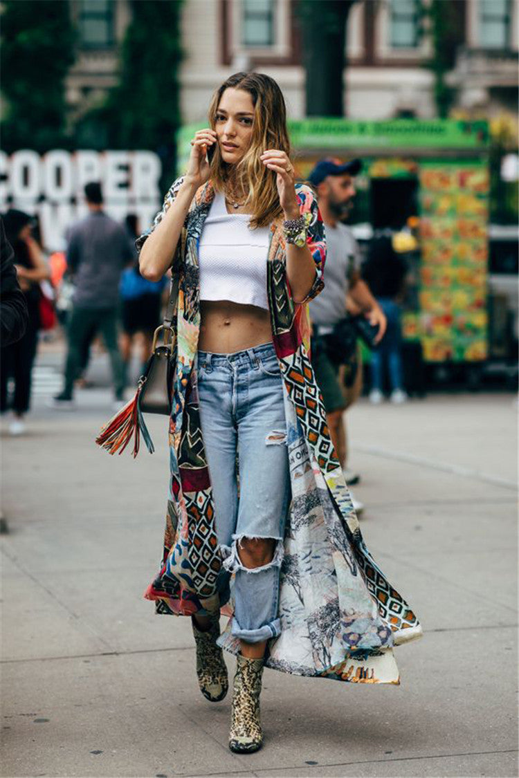 Dame afslappet maxikimono med farverigt patchwork-design Stilla