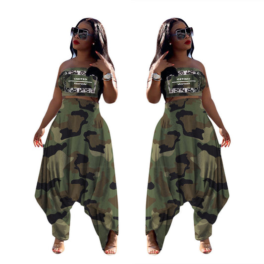 Damer Elegant Jumpsuit med asymmetrisk design og camouflage-mønster Stilla