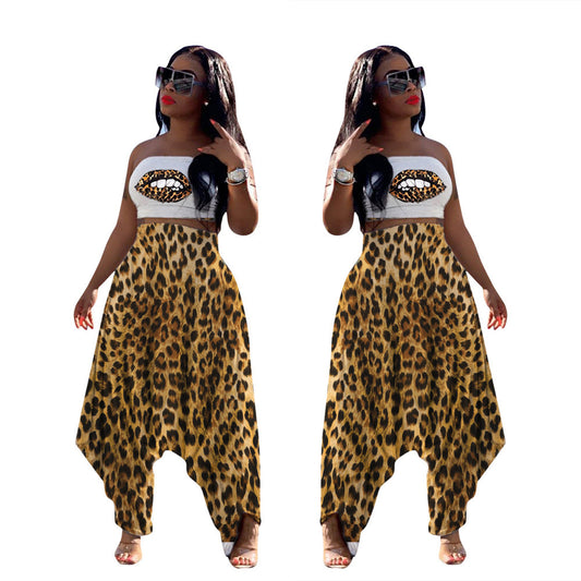 Dame Elegant Jumpsuit med leopardmønster og bandeau overdel Stilla