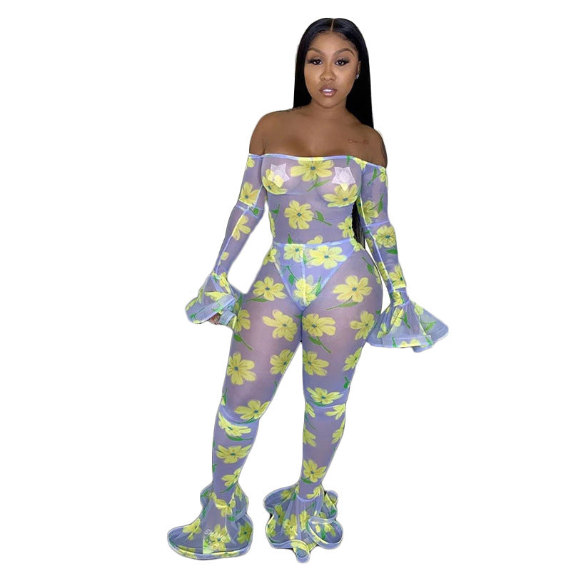 Dame Bodycon Jumpsuit med blomsterprint og volantersSleeves Stilla