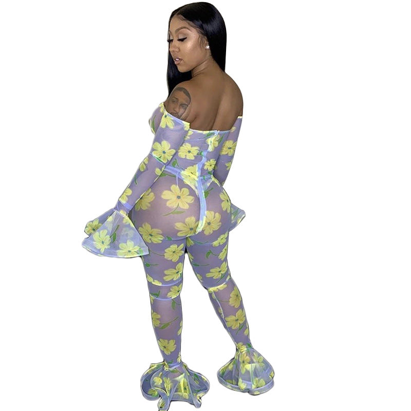 Dame Bodycon Jumpsuit med blomsterprint og volantersSleeves Stilla