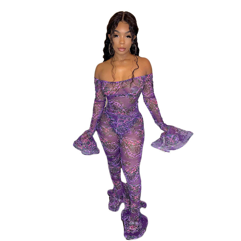 Dame Bodycon Jumpsuit med blomsterprint og volantersSleeves Stilla