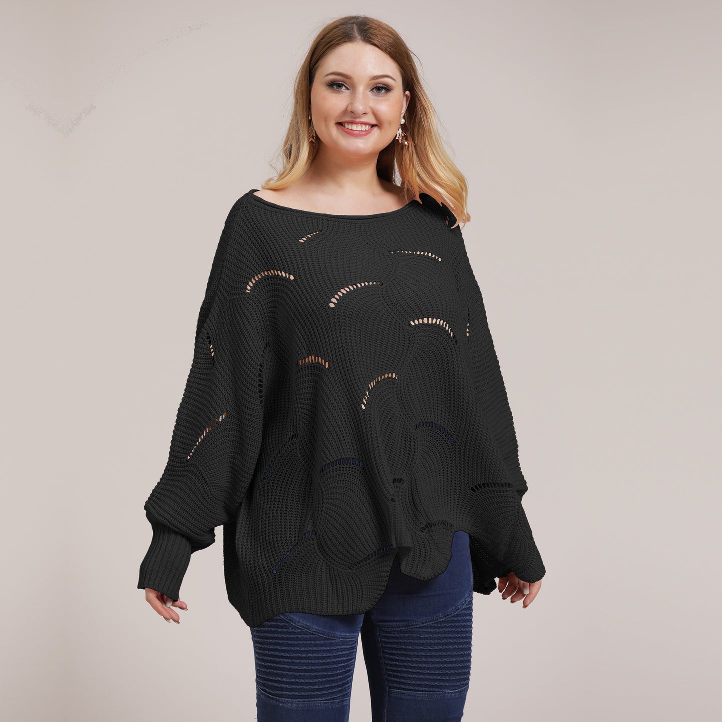 Dame afslappet strikpullover med bølge mønster og løst skåret design Stilla