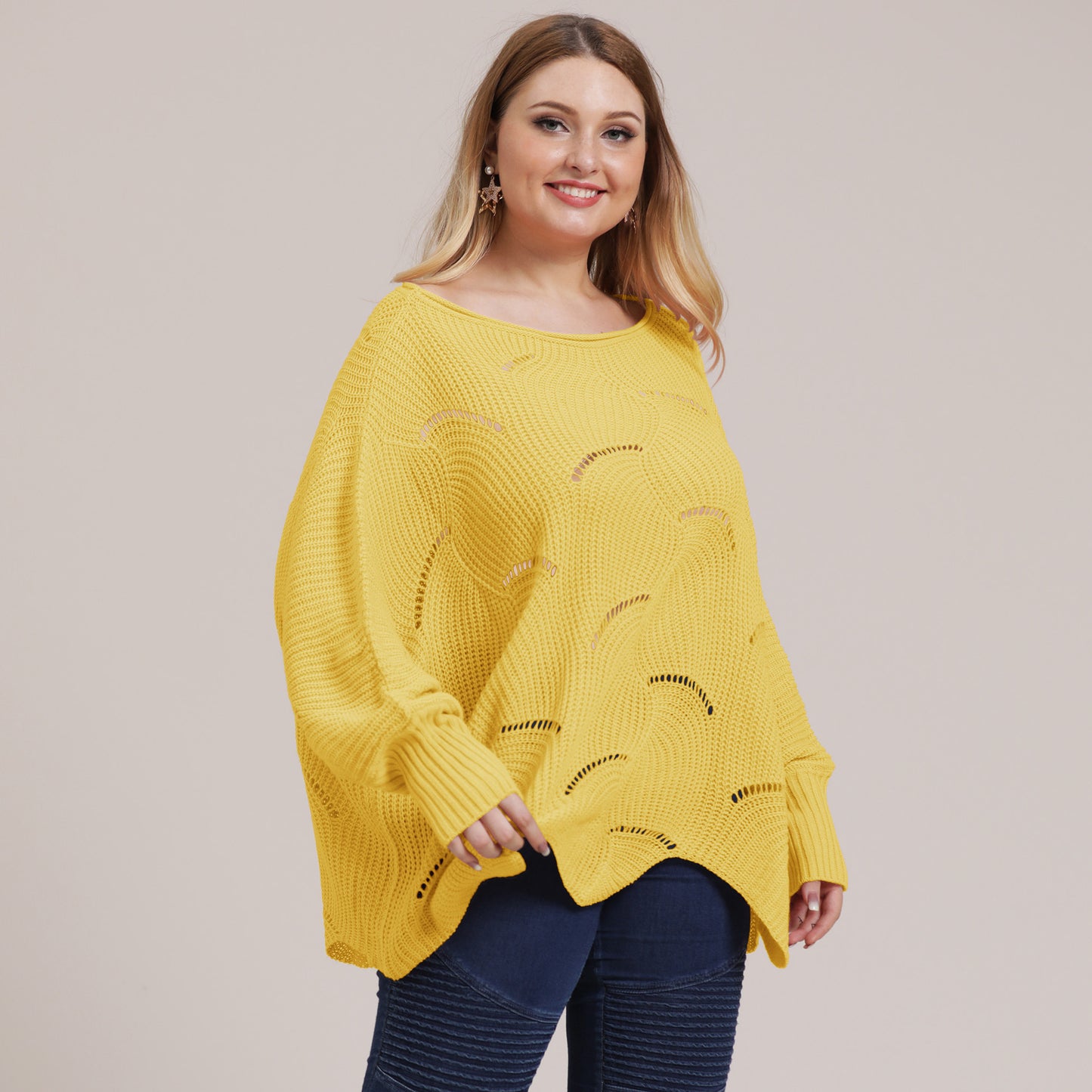 Dame afslappet strikpullover med bølge mønster og løst skåret design Stilla