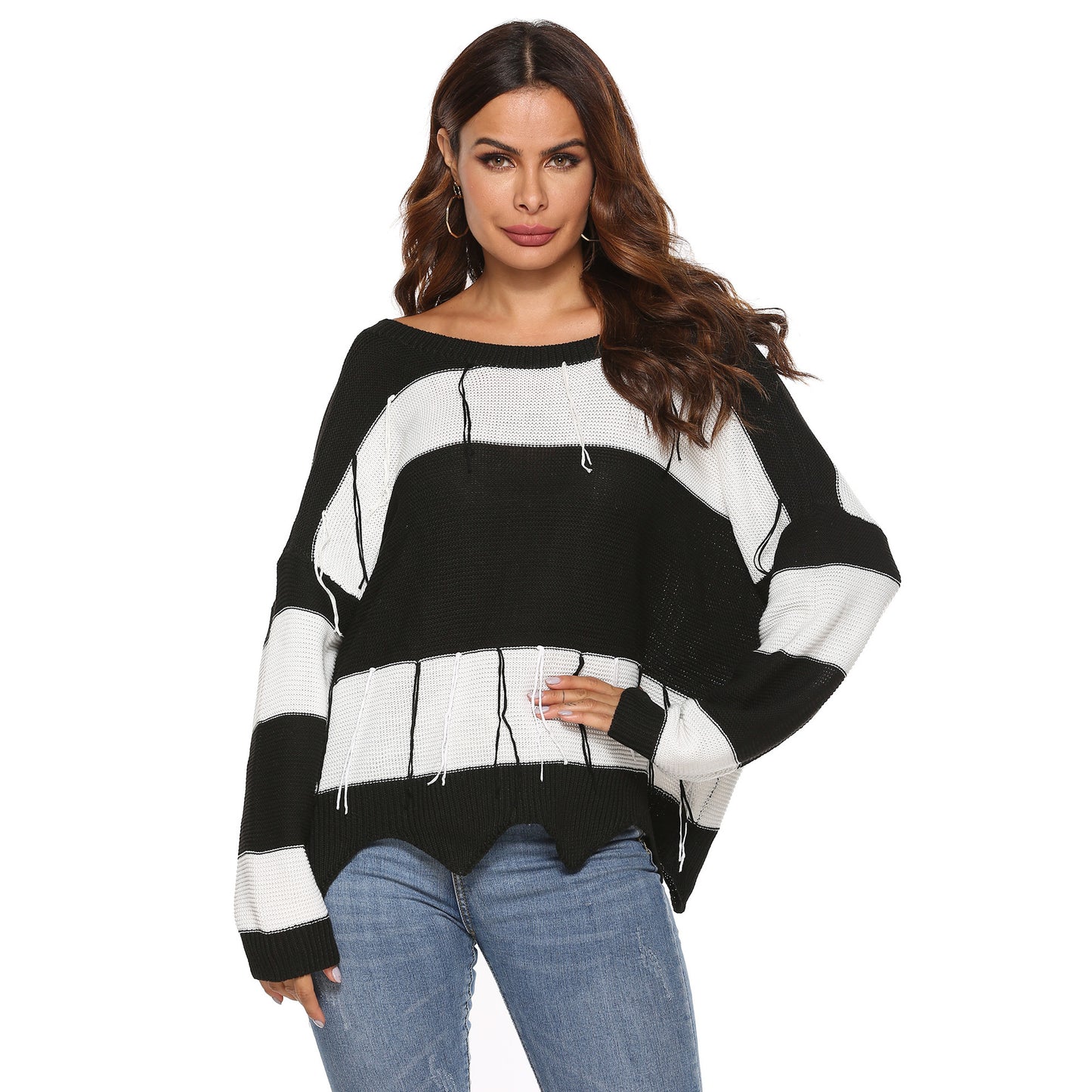 Dame afslappet oversized sweater med dyb V-hals og åben ryg Stilla