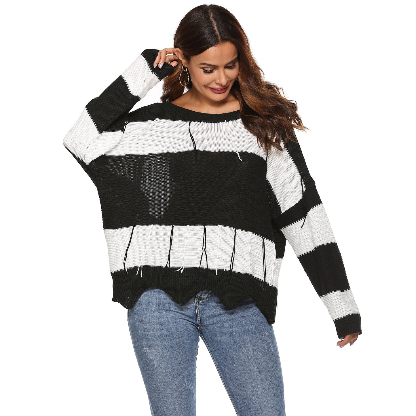 Dame afslappet oversized sweater med dyb V-hals og åben ryg Stilla