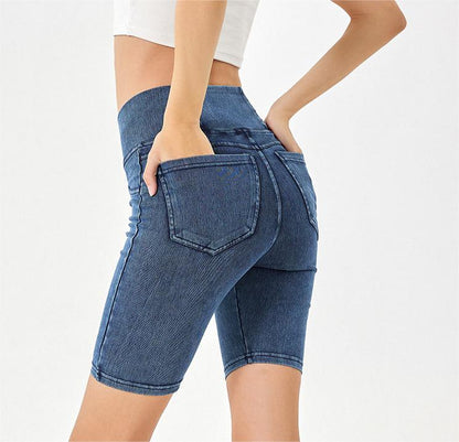 Stilla | High Waist Stretchy Denim Shorts Til Kvinder Slim Fit, Lommeret Sports Ydertøj