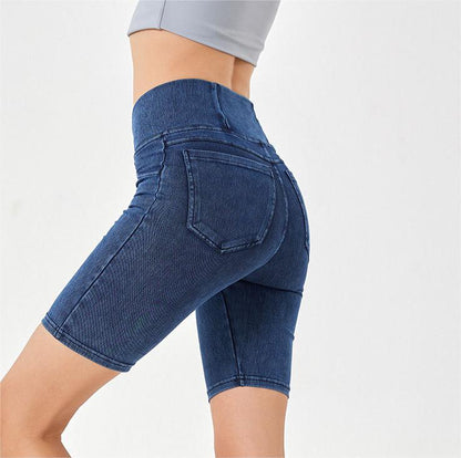 Stilla | High Waist Stretchy Denim Shorts Til Kvinder Slim Fit, Lommeret Sports Ydertøj