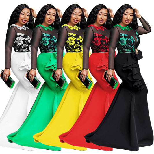 Dame Elegant aftenkjole i havfrue-stil med florale accenter og gennemsigtige ærmer Stilla