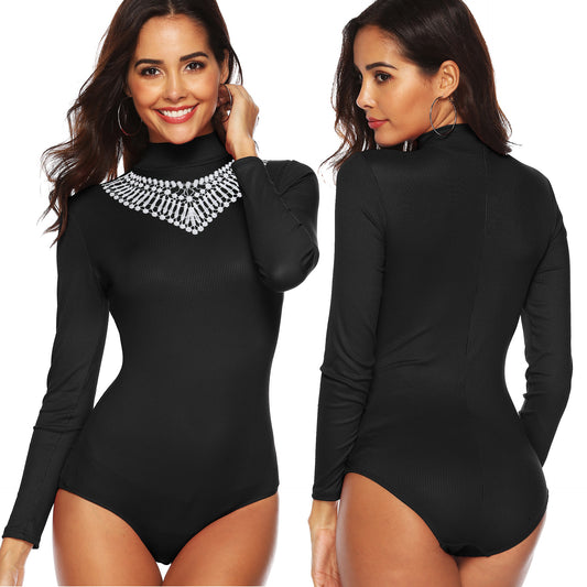 Dame Højkrave Langærmet Bodysuit med Perlevedhæng Stilla