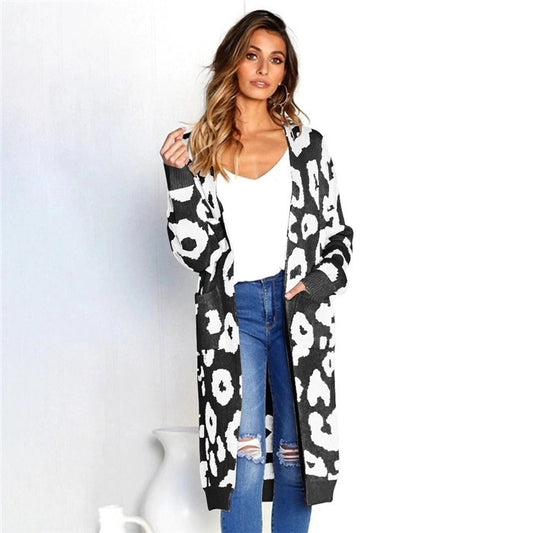 Dame Elegant Strikcardigan med Leopardmønster Stilla