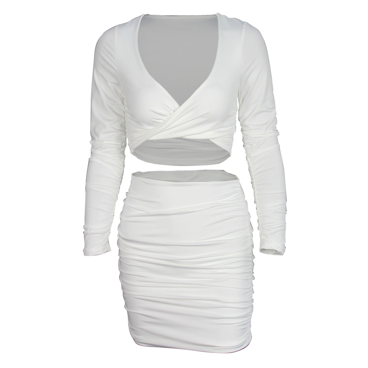 Dame Crop-Top og Mini Skirt Sæt med dyb V-udskæring og rynkning Stilla