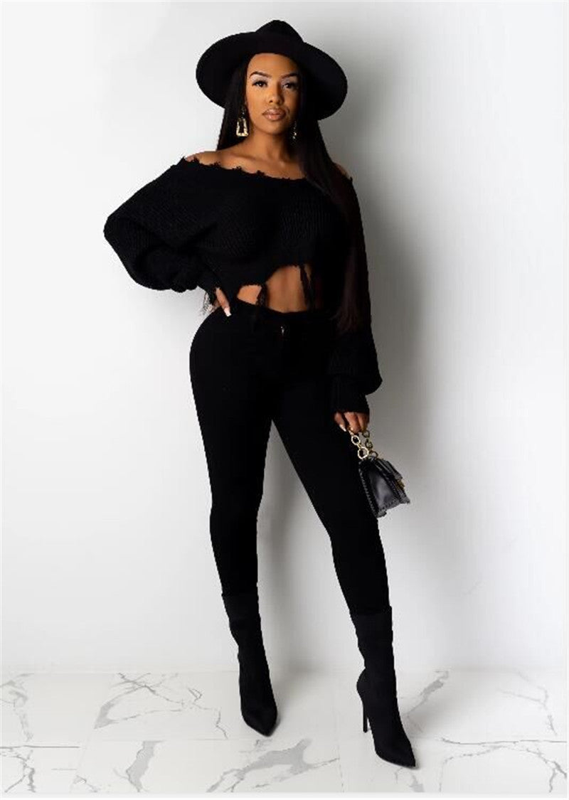 Dame Cropped Strikpullover med afslappet Off-Shoulder design og brede ærmer Stilla