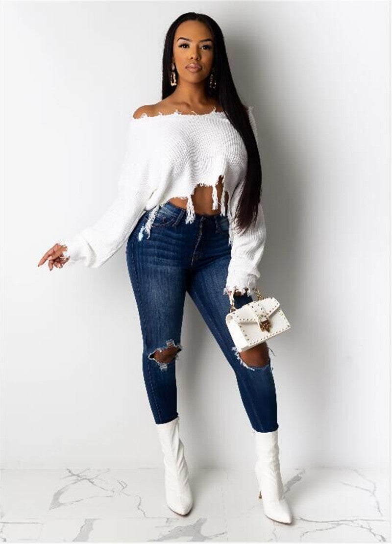 Dame Cropped Strikpullover med afslappet Off-Shoulder design og brede ærmer Stilla