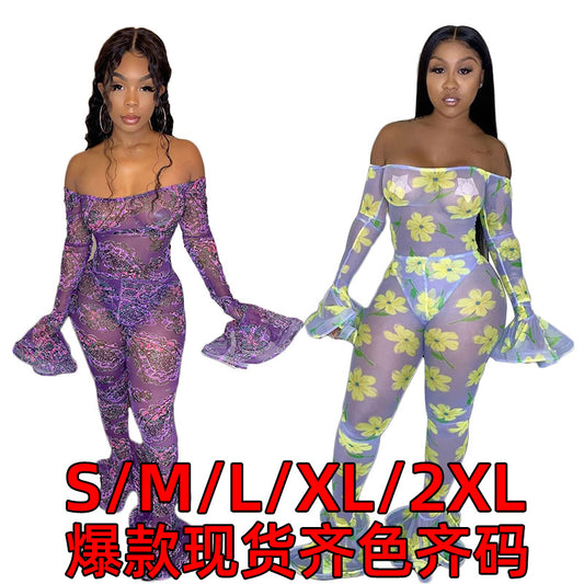 Dame Bodycon Jumpsuit med blomsterprint og volantersSleeves Stilla