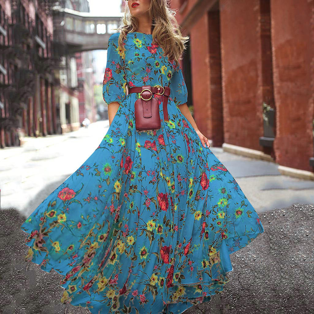 Dame maxikjole med voluminøs nederdel og blomsterprints Stilla