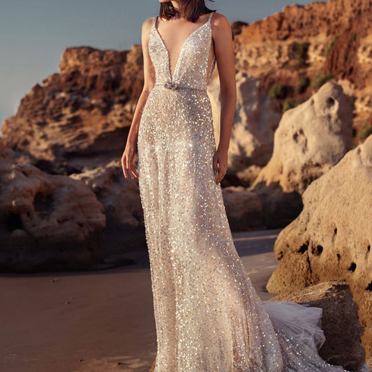 Dame Elegant aftenkjole med glitrende pailetter og dyb V-udskæring Stilla
