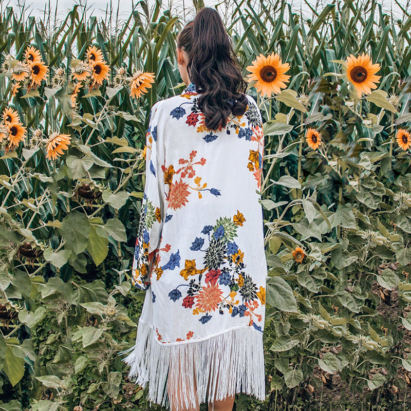 Dame afslappet strandkimono med legende frynsedetaljer Stilla