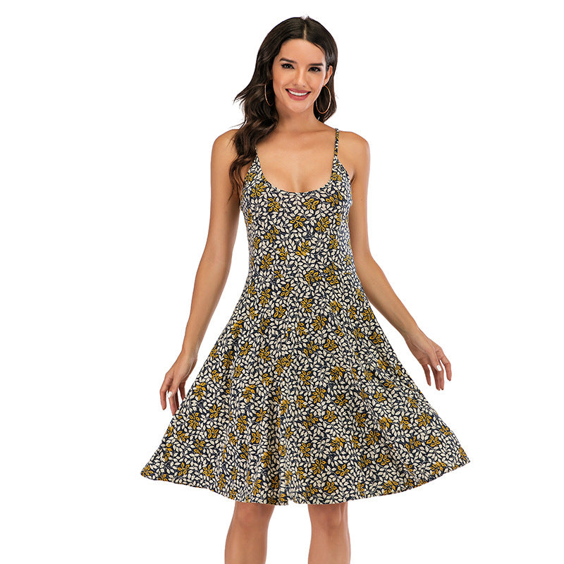 Dame A-linje kjole med spaghetti stropper og dyretryk Stilla