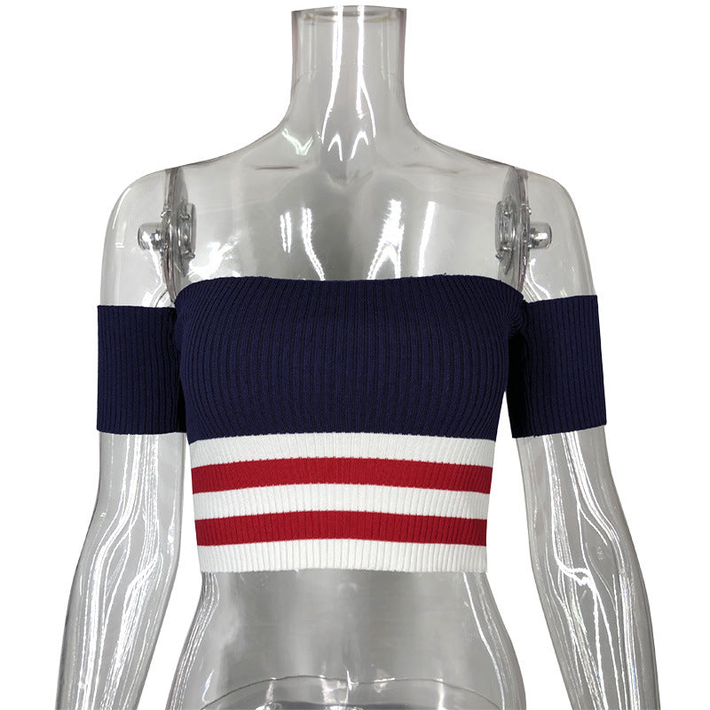 Dame Cropped Top med bred krave og stribemønster Stilla