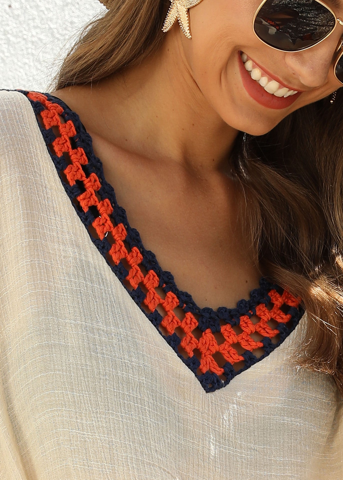 Dame afslappet strandovertræk med filigransk hæklet kant Stilla