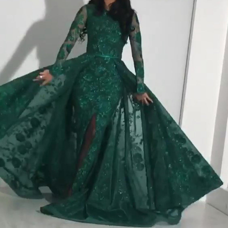 Dame Elegant aftenkjole med transparente langærmede detaljer og glitrende stof Stilla