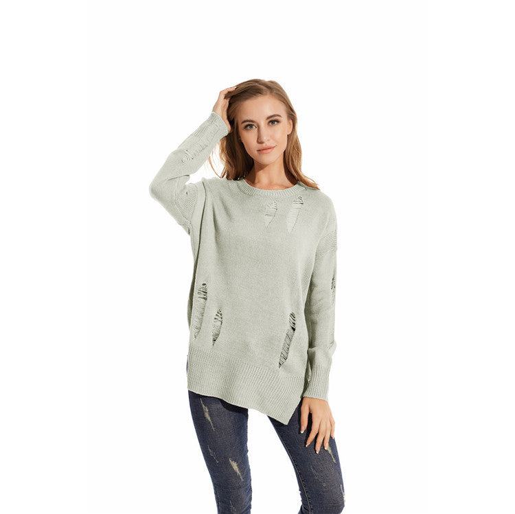 Dame afslappet oversized strikpullover med trendy hullet elementer Stilla