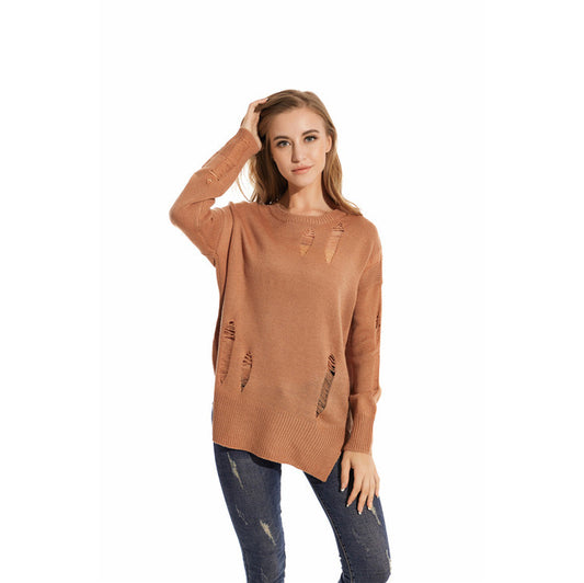 Dame afslappet oversized strikpullover med trendy hullet elementer Stilla