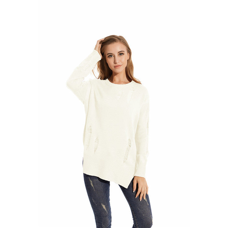 Dame afslappet oversized strikpullover med trendy hullet elementer Stilla