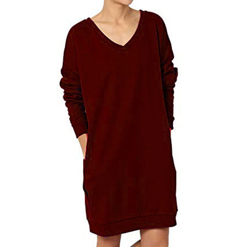 Dame afslappet langærmet kjole med dyb V-udskæring og lommer Stilla