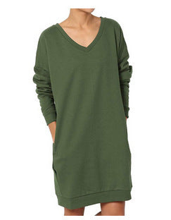 Dame afslappet langærmet kjole med dyb V-udskæring og lommer Stilla